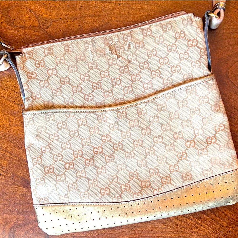 Gucci Beige Monogram Crossbody Bag with Brown Trim